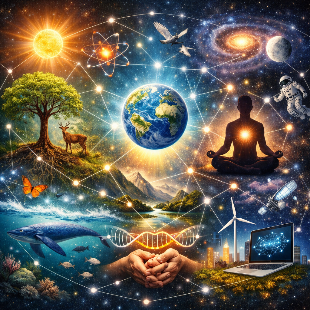 Earth surrounded by nature, wildlife, space elements, DNA, and technology interconnected